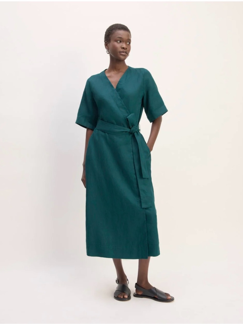 Everlane Teal Linen Wrap Midi Dress with Tie Waist